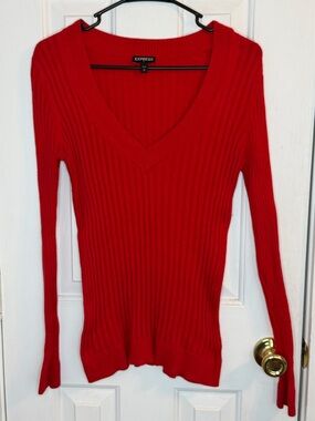 Express Women’s Red Ribbed V-Neck Sweater, Stretchy, Size Large